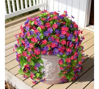 Artificial Fake Hanging Flowers for Outdoors, 2 Pcs Artificial Hanging Plants Outdoors Spring Summer Decor, UV Resistant Faux Violet Silk Flowers for Planters Front Door Yard Garden(Pink Rose Red)