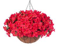 Artificial Fake Hanging Flowers for Outdoors with Basket Faux Plants Silk Bougainvillea Flower in Planter Look Real UV Resistant Faux Flower for Outside Porch Patio Garden Yard Home Decor, Red