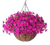 Artificial Fake Hanging Flowers Plants Baskets for Outdoor Spring Summer Decoration, Faux Silk Morning Glory in Planter UV Resistant Realistic for Home Outside Porch Patio Balcony Garden Yard, Fuchsia