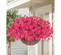 Artificial Fake Hanging Flowers Plants Baskets for Outdoors Spring Summer Decor, Faux Silk Morning Glory in Planter UV Resistant Realistic for Outside Porch Patio Balcony Garden Yard Home, Hotpink