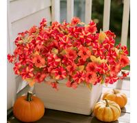 Artificial Fall Fake Flowers for Outdoor Decoration, 8 Bundles Autumn Faux Petunias Silk Flower UV Resistant No Fade Plants for Home Garden Balcony Yard Porch Realistic Indoor Decor (Orange Red)