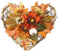 Artificial Fall Floral Wreath, Heart Shaped Flower Pumpkin Sunflower Maple Leaf Wreath, Autumn Garland for Thanksgiving Halloween Decor, for Front Door Home and Decor, 11 x 10.2 In