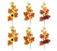 Artificial Fall Flower Bouquet, 6 Pcs Artificial Fall Maple Leaves Branches with Artificial Pumpkins Pinecone Berry Sunflower Ornament for Harvest Autumn Home Decor Table Centerpiece Displaying