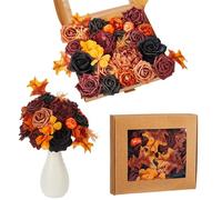 Artificial Fall Flowers Combo Box Set, Burnt Orange Flowers with Stems for Autumn, Silk Black Rose Flowers with Maple Leaves, Autumn Floral Arrangements for Thanksgiving Home Wedding(orange black)