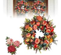 Artificial Fall Harvest Wreath 45cm Orange Red Rose Pumpkin Pomegranate Wreath with Greenery for Front Door Multi-Scene Indoor Outdoor Thanksgiving Decor (55CM)
