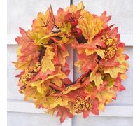 Artificial Fall Wreath for Front Door,11.8 Inch Autumn Door Wreath with Maple Mixed Leaves,Small Orange Wreaths for Indoor Outdoor Wall Farmhouse Thanksgiving Day Harvest Festival Decor (Orange)