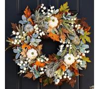 Artificial Fall Wreath for Front Door, Thanksgiving Fall Wreath with Berries Pumpkin Mixed Leaves, Autumn Pumpkin Harvest Wreath for Fall Decor, Porch Wall Holiday Decor (A)