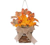 Artificial Fall Wreath Maple Leaf Halloween Wreath Sunflower Basket Wreath Flower Door Basket Door Hanging Wall Hanging Wreath for Autumn & Halloween & Thanksgiving Day, Indoor Outdoor Decor