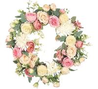 Artificial Fall Wreaths for Front Door Rustic Autumn Wreath with Pumpkin,Rose,Berry Branchesm,Mixed Leaves Thanksgiving Wreath Fall Door Wreath for Halloween Christmas Indoor Outdoor Decor Yellow