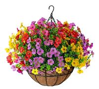 Artificial Faux Fake Hanging Plants Flowers Basket for Spring Summer Indoor Outdoor Outside Decoration UV Resistant Fake Silk Colorful Daisy Eucalyptus for Porch Patio Balcony Yard Garden Home Decor