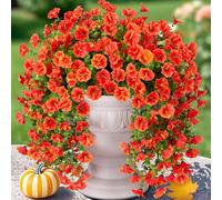 Artificial Faux Fall Hanging Flowers Plants for Outdoor Decor,2 PCS Fake Silk Morning Glory with Eucalyptus UV Resistant Realistic Mums for Wall Home Porch Patio Balcony Yard Indoor Decor, Orange