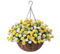 Artificial Faux Hanging Flowers Basket for Outdoors Outside Porch Decoration, Silk Fake Hanging Flowers Colorful Daisy with Coconut Lining Baskets for Courtyard Spring Summer Decor(Yellow and White)