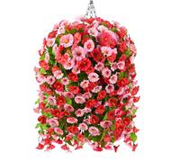 Artificial Faux Hanging Flowers Plants Baskets for Outdoor Spring Summer Decorations,Resistant Fake Morning Glory Silk Plants for Outside UV Resistant Patio Yard Home Porch Decor(Rose red)