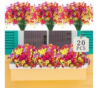 Artificial Faux Plants Flowers Outdoor Spring Summer Decor, 20 Bundles Fake Silk Colorful Daisy Eucalyptus Realistic UV Resistant, Artificial Plants Fake Flowers for Outside Home Planter Porch Patio