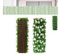 Artificial Fence Screening 28x200cm, Expandable Garden Fence Screening with Artificial Ivy and Violet Flower, Garden Greenery Leaf Backdrop Decoration (White,1pcs)