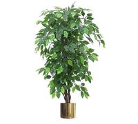 Artificial Ficus Tree Plant Green Bushy Ficus 120cm Gold Metal Planter Leaf Green One Size