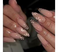 Artificial Fingernails Fashion French Gleaming Flower Teardrop Mediumed Length Shining Design 24Pieces Nails Press Ons