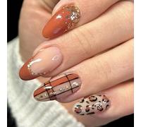 Artificial Fingernails Glittering And Mediumed Length Press On Faux Nails 24Pieces ABS Durability Brown Gradient Maple Leaf Nail