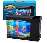 Artificial Fish Tank Virtual Ocean Toy in Motion Lamp - Mini Office Desk Aquarium With 3 Colorful LED Lights and Backgrounds - 3 Artificial Fish, Bubbles Tank With Moving Fish, Gift for Kids