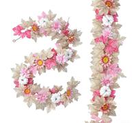 Artificial Floral Garland, 71-Inch Maple Leaf Vine with Pink Flowers and Pumpkins, Fall Harvest Thanksgiving Decoration for Home Garden(Pink)