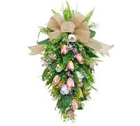 Artificial Floral Summer Colorful Tulip Teardrop Wreath,Farmhouse Wildflowers Front Door Hanging Swag Wreath,UV Resistant Artificial Flowers Welcome Sign,for Window,Wall,Home Decor