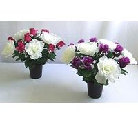 Artificial Flower Arrangement in Crem Pot/Vase 30CM (PAIR, ONE OF EACH POT) (Rose/Rosebud)