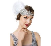 Artificial Flower Feathered Headpiece, Women's Vintage Feather Headband Accessories Beaded Rhinestone Tassel Party Forehead Decorations(White,One Size)