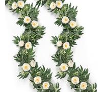 Artificial Flower Garland 2PCS Faux White Rose Garland 6.5Ft Long Artificial Flower Vines for Decorations Hanging Rose Vines for Wedding Arch Party Wall Table Outdoor Indoor Decor