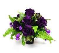 Artificial Flower Graveside Pot with Purple Roses Cemetery Memorial