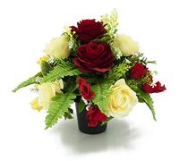Artificial Flower Graveside Pot with Red & Yellow Roses Cemetery Memorial