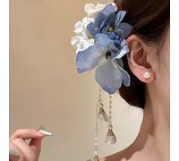 Artificial Flower Hairpin | Colourful Sweet Side Clip with Exquisite Tassel | Chinese Style Hawaiian Hair Clip for Seaside Holiday,7cm(Blue)