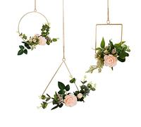 Artificial Flower Hoop Wreath Hanging Flower Wreath Floral Hoop with Flower Wall Wreath for Wall Art Decoration 3PCS Champagne Camellia