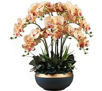 Artificial Flower Set, Large Artificial Flowers Orchid Arrangement,Fake Phalaenopsis Orchids Floral with Ceramics Vase,12 Branches Orchids Bonsai for Home/Parlous/Wedding Party Beautiful A (Orange)