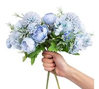 Artificial Flowers, 2 Pack Fake Peony Silk Light Blue Hydrangea Bouquet Decor Plastic Carnations Daisy Realistic Flower Arrangements Wedding Decoration Table Centerpieces, for Home Office Party Decor