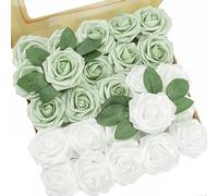 Artificial Flowers 25pcs Real Looking Sage Green and White Artificial Rose with Stems for DIY Wedding Bouquets Centerpieces Arrangements Bridal Shower Party Home Decorations