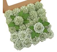 Artificial Flowers, 25pcs Sage Green Artificial Rose for DIY Wedding Bouquets Centerpieces Arrangements, Sage Green Rose and Dahlia Flowers with Stem for Bridal Shower Party Home Decorations