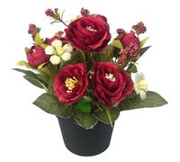 Artificial Flowers 7 Inch Height Artificial Rose Flowers in Pots Realistic Silk Rose Flowers with Green Leaf for Insdoor Outdoor Decorations Wine Red Silk Flowers for Graves Artificial Roses Grave Flo