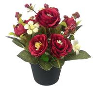 Artificial Flowers 7 Inch Height Artificial Rose Flowers in Pots Realistic Silk Rose Flowers with Green Leaf for Insdoor Outdoor Decorations Wine Red, Grave Flowers