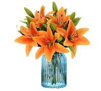 Artificial Flowers 8 Pieces Artificial Lilies with 3 Buds Art Floral Vegetable Flowers Latex Full Flower Real Touch for Home Decoration Wedding Party Office Restaurant (Orange)