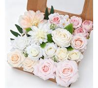 Artificial Flowers Combo Box Pink and White Artificial Peonies Roses Dahlia Silk Fake Flowers Faux Flower Head for Cake Decor DIY Wedding Bouquet Table Centerpieces Baby Shower Birthday Party Home