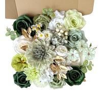 Artificial Flowers Combo Box Set Silk Dahlia Roses with Stems Cake Flowers Bridal Wedding Bouquets DIY Boho Fake Floral Arrangements Baby Shower Party Table Centerpieces Home Decor (Forest Green)