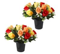 Artificial Flowers for Graves, 2 PCS Grave Flower Pots, Autumn Lilac Roses, Grave Ornaments, Funeral Memorial Fake Floral Bouquet, Cemetery Memorial Silk Bouquet in Pot for Outdoor Graveside (Orange)