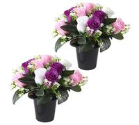 Artificial Flowers for Graves, 2 PCS Grave Flower Pots, Autumn Purple Lilac Roses, Grave Ornaments, Funeral Memorial Fake Floral Bouquet, Cemetery Memorial Silk Bouquet in Pot for Outdoor Graveside