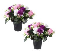 Artificial Flowers for Graves, 2 Pcs Grave Flower Pots with 12-Head Cemetery Flower, Spring Funeral Memorial Artificial Bouquet for Lasting Tribute and Cemetery Decorations (White, Pink, Purple)