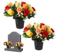 Artificial Flowers for Graves, 2pcs Grave Flower In Pot, 12 Heads Artificial Rose Fake Funeral Floral, Artificial Grave Flowers Pots, for Cemetery Decoration Home Decor Tribute and Commemoration