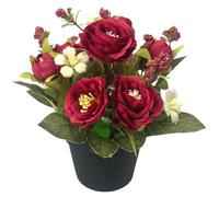 Artificial Flowers for Graves 7 Inch Height Artificial Rose Grave Flowers in Pots Realistic Silk Rose Flowers with Green Leaf for Insdoor Outdoor Funeral Cemetery Memorial Decorations Wine Red