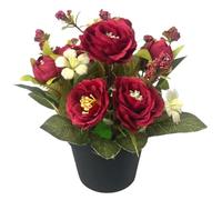 Artificial Flowers for Graves, Artificial Flowers in Vase, Artificial Rose Flowers in Pots Realistic Silk Rose Flowers with Green Leaf for Home Office Farmhouse, Wine Red, Grave Flowers
