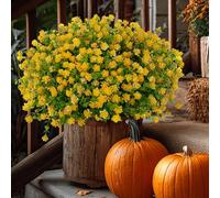 Artificial Flowers for Outdoors UV Resistant - 12 PCS Bundles Faux Fake Outdoor Plants Plastic Shrubs No Fade Fall Greenery Bushes Home Porch Boxwood Outside Fake Mums Decoration Garden (Yellow)