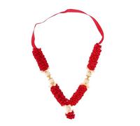 Artificial Flowers Haar Mala Ribbon Beaded Indian Garland for Idol God Murti Photo Frame Temple Mandir Traditional Decoration Festival Ornament Pooja Sringar Article Décor (Red - 13cm)