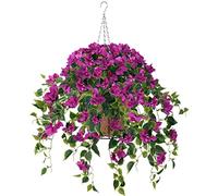 Artificial Flowers Hanging Basket with Bougainvillea Silk Vine Flowers for Outdoor/Indoor, Artificial Hanging Plant in Basket, Coconut Lining Basket Hanging Plant for Patio Lawn Garden Decor (purple)